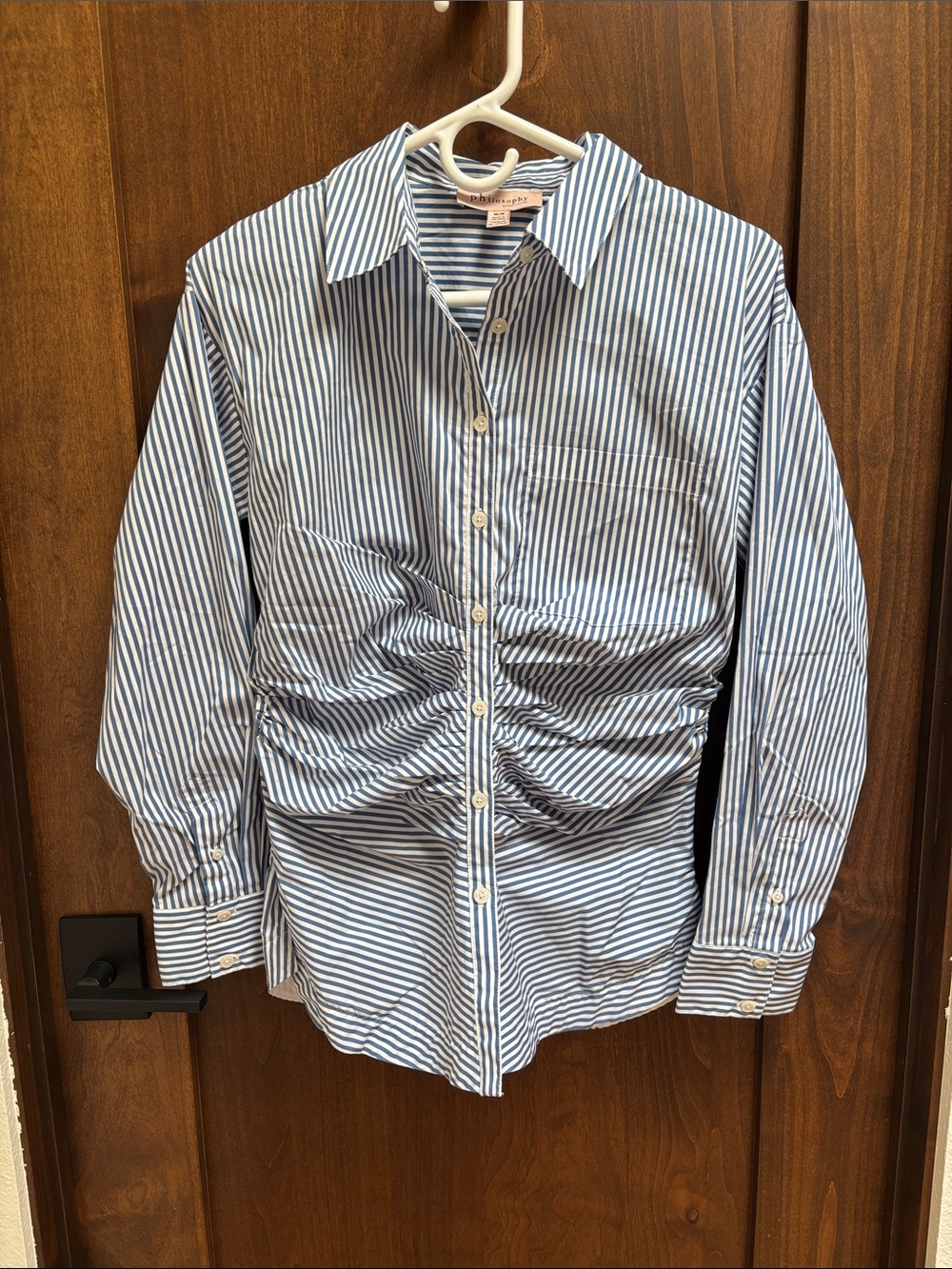 Philosophy Blue and White Striped Ruched Button-Front Shirt